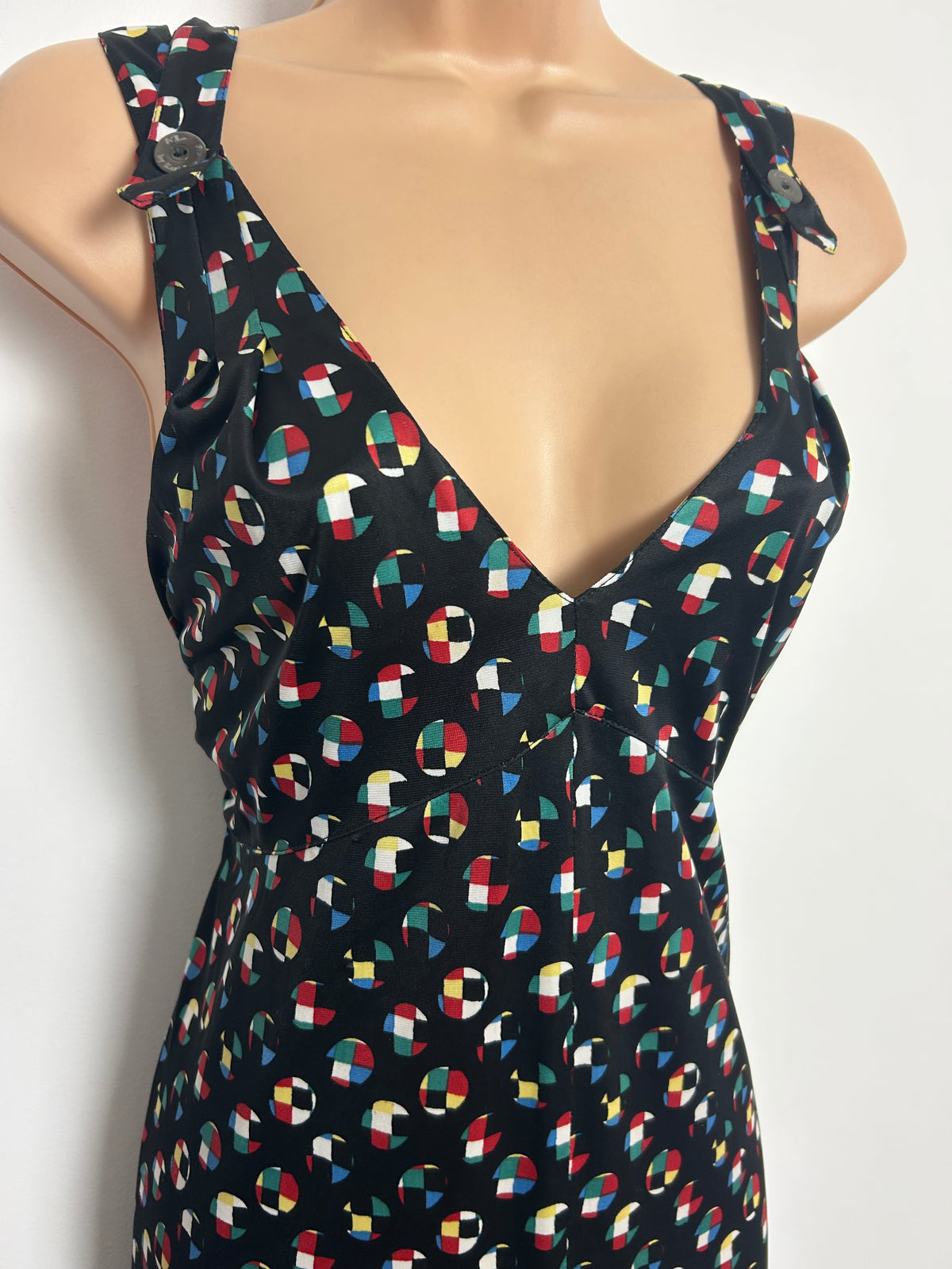 Vintage Late 1980s Early 1990s KL By KARL LAGERFELD Size 12 Black Geometric Print Cross Strap Maxi Dress