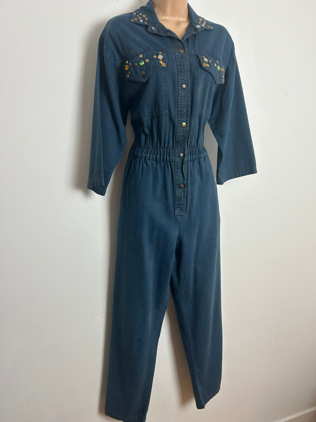 Vintage 1980s DREAMS Size 10 Dark Denim Jewel & Stud Embellished Pocket Detail Jumpsuit