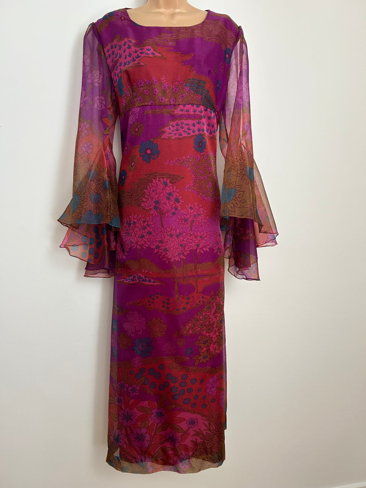 Vintage Early 1970s JOHN NEVILLE Size 16 Pink & Purple Tones Japanese Blossom & Pagoda Print Flared Cuff Maxi Dress