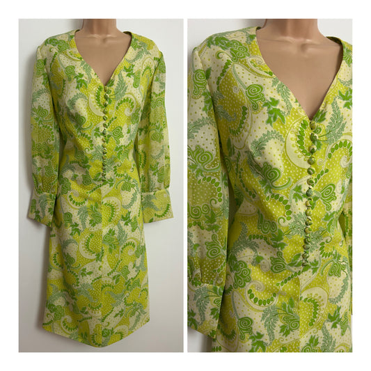 Vintage 1960s Size 14 Green Tones Floral Paisley Print Long Sleeve Cotton Mix Shift Dress
