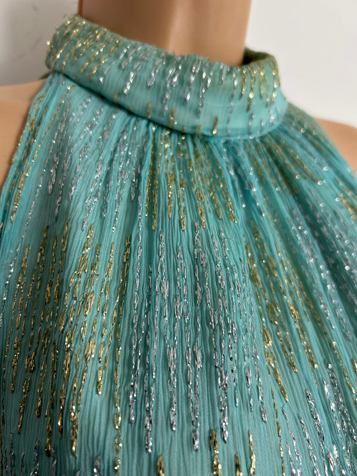 Vintage 1960s Size 8 Pale Duck Egg Blue Gold & Silver Thread Occasion Evening Maxi Dress