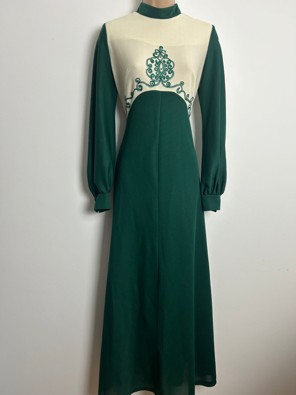 Vintage 1970s Size 10 Bottle Green & Cream Braid & Diamante Detail Long Sleeve Evening Maxi Dress