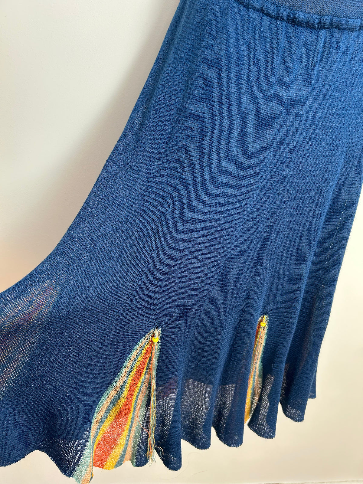 Vintage 1980s Size 8 Dark Blue Multicolour Stripe & Tassel Panels Knitted Midi Dress