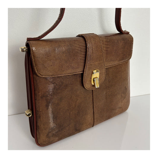 Vintage J. PEREZ VALENCIA SPAIN Brown Leather Reptile Skin Handbag