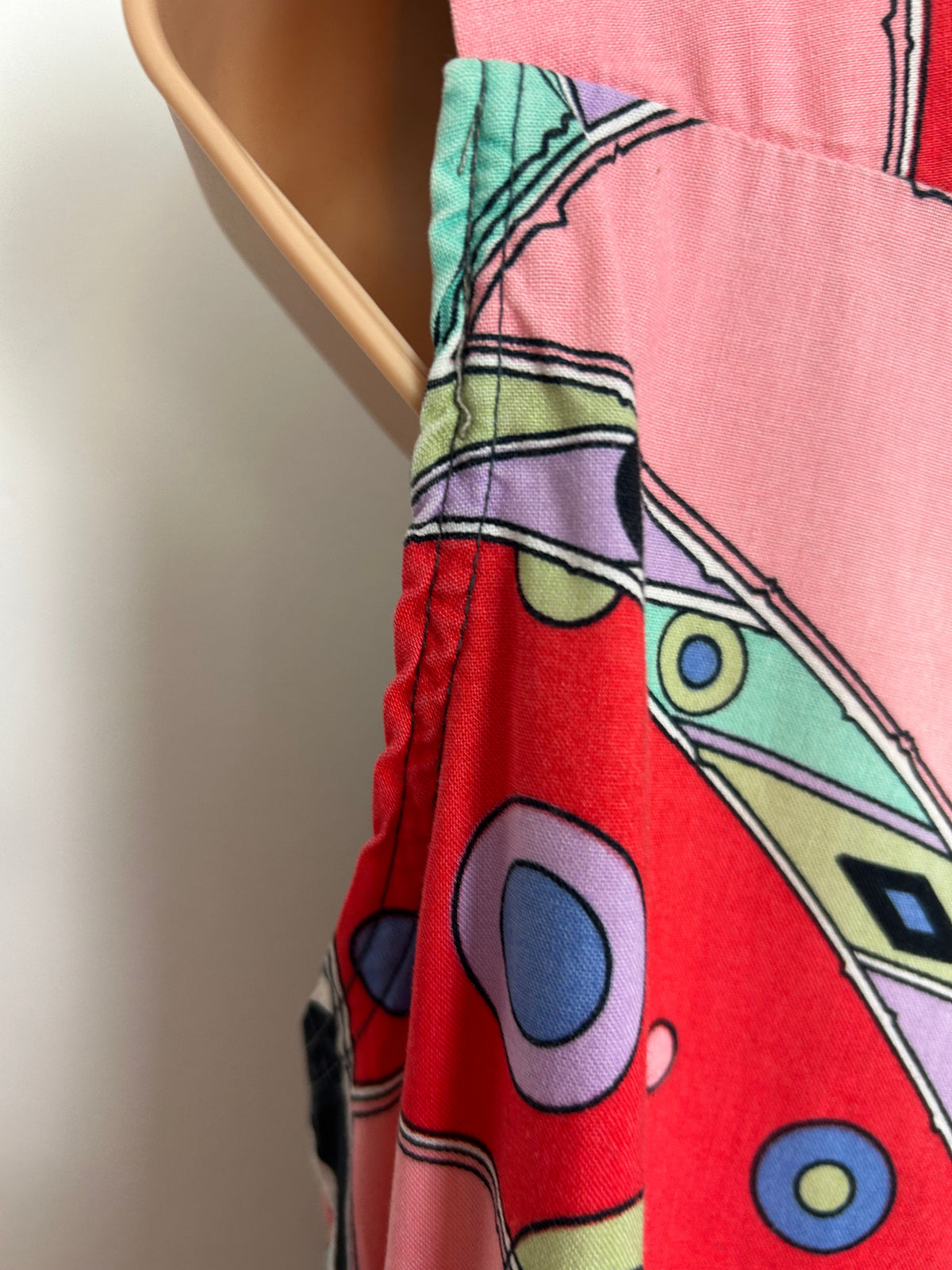 Vintage Early 1980s Size 14 Red Black Pink & Mint Green Abstract Print Cotton Belted Day Dress