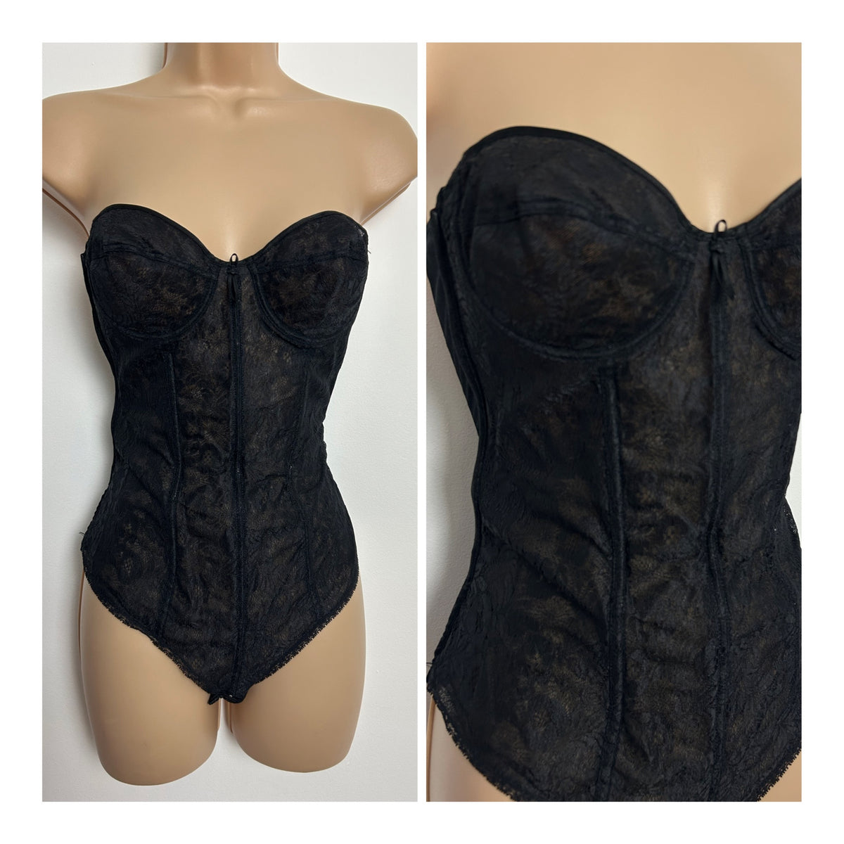 Vintage 34B Black Strapless Lace Underwired Boned Bodysuit Bodystocking