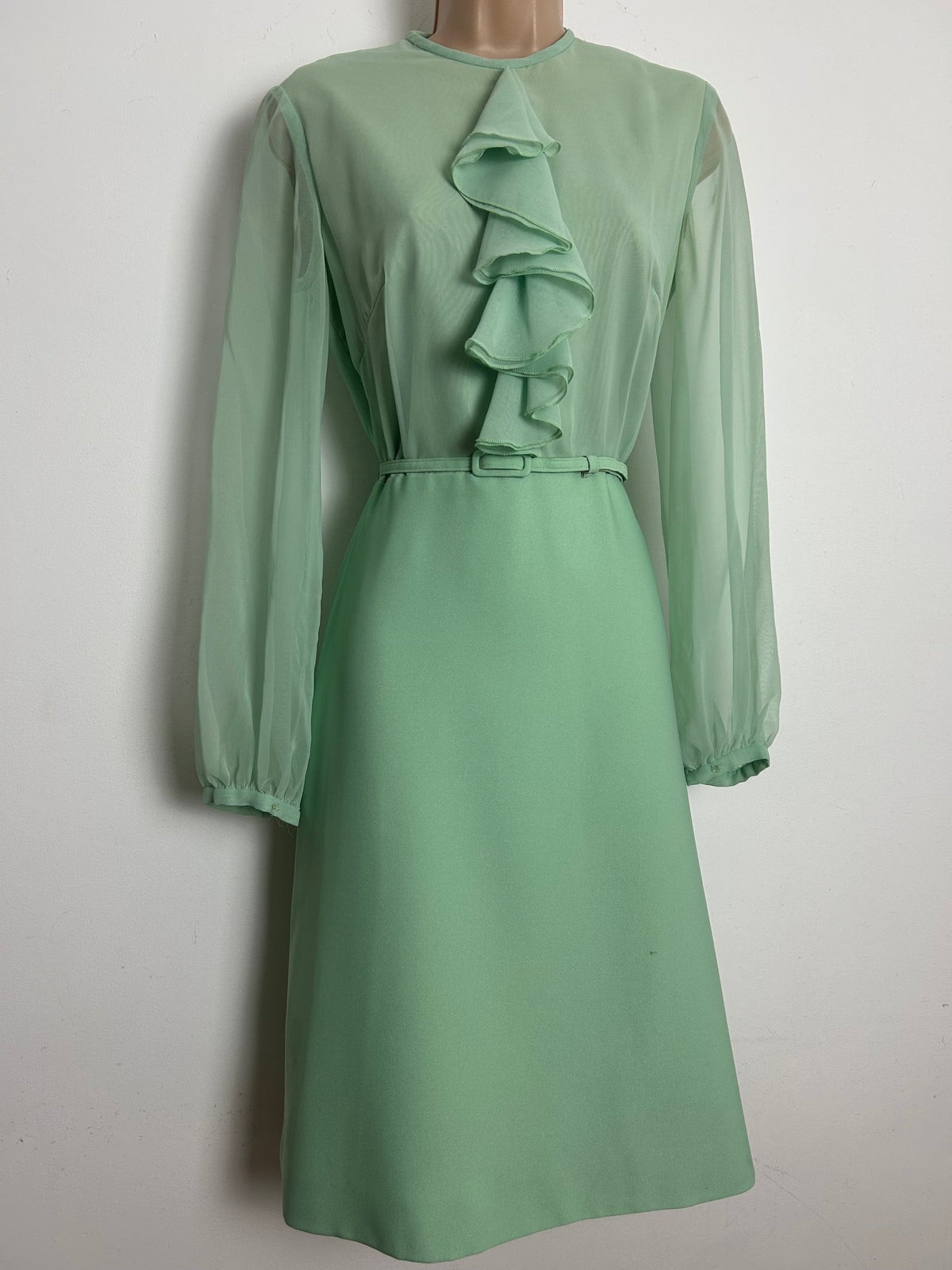 Vintage 1960s PEGGY FRENCH COUTURE Size 8 Pale Green Ruffle Trim Belted Mod Dress