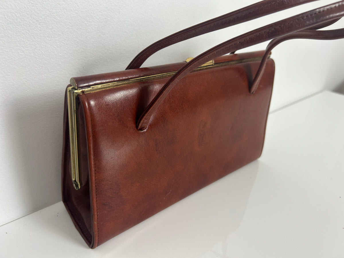 Vintage Early 1960s JONELLE Small Chestnut Brown Real Leather Kelly Style Handbag