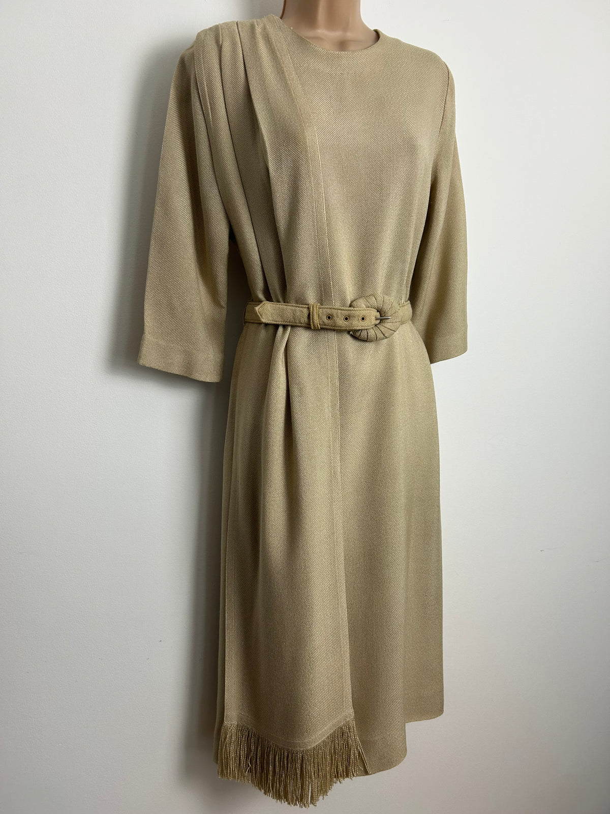 Vintage 1950s CHARLES BUTLER Size 12 Beige MOYGASHEL Irish Linen Belted Dress