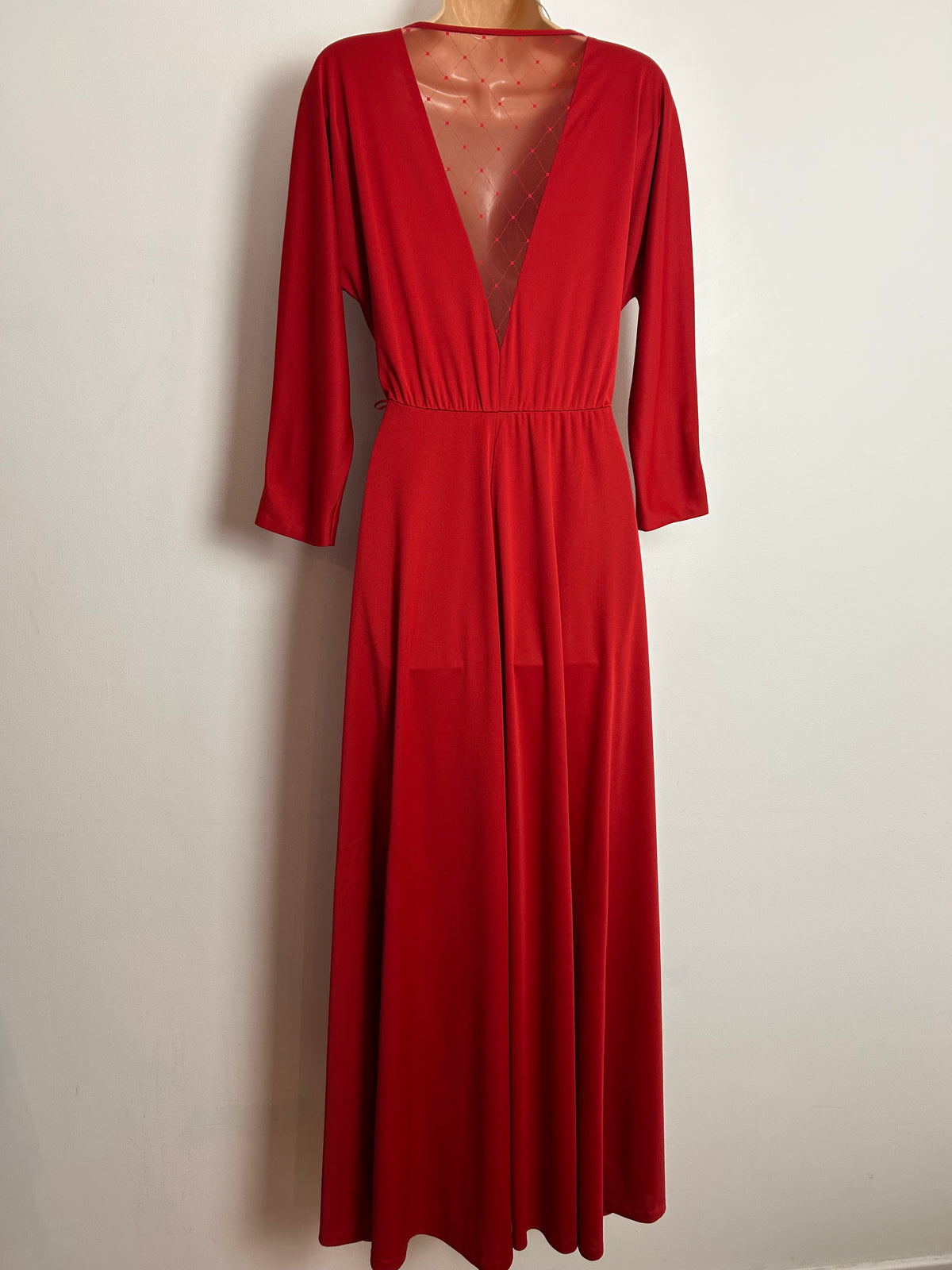 Vintage 1980s UK Size 12-14 Deep Red Long Dolman Sleeve Diamond Mesh Back Panel Maxi Dress