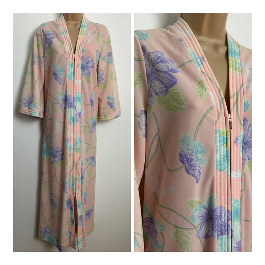 Vintage SEARS TAKE-ALONG Size 12-14 Pale Pink Violet & Green Floral Print Zip Front House Coat House Dress