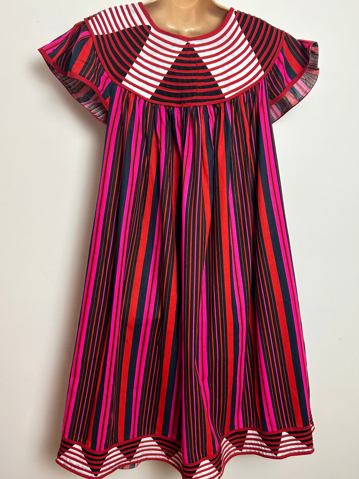 Vintage 1980s Size 12 Black Red Pink Stripe Braid Trim Cotton Smock Style Dress