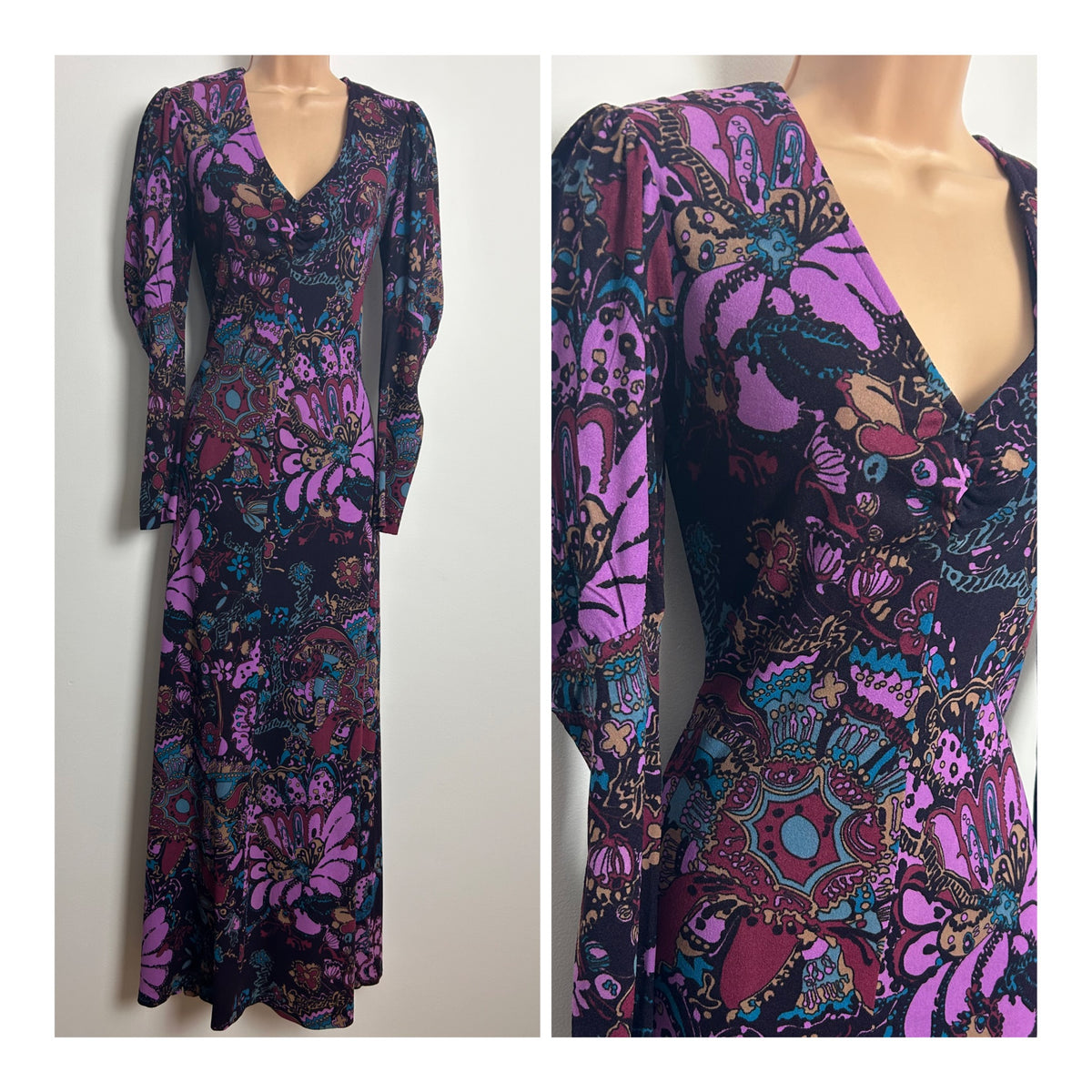 Vintage 1970s Size 10 Black-Purple Pink & Beige Abstract Print Juliet Sleeve Maxi Dress