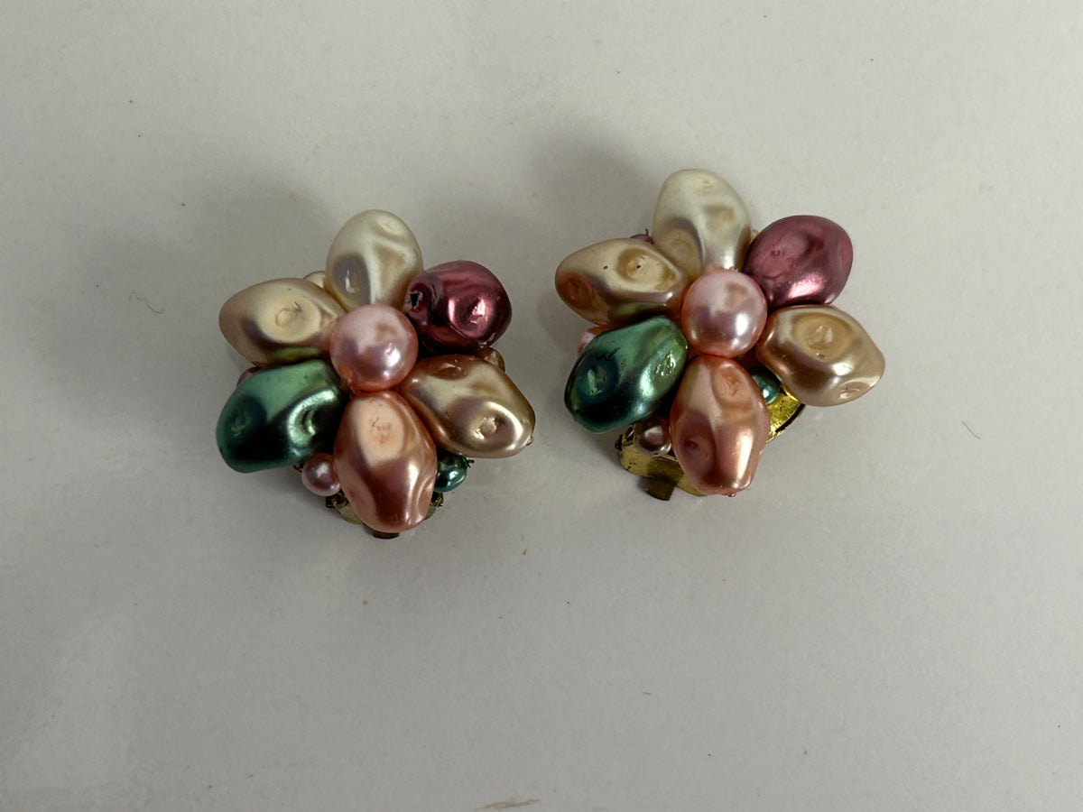 Vintage 1960s Cute Little Pastel Colour Beaded Flower Clip On Earrings