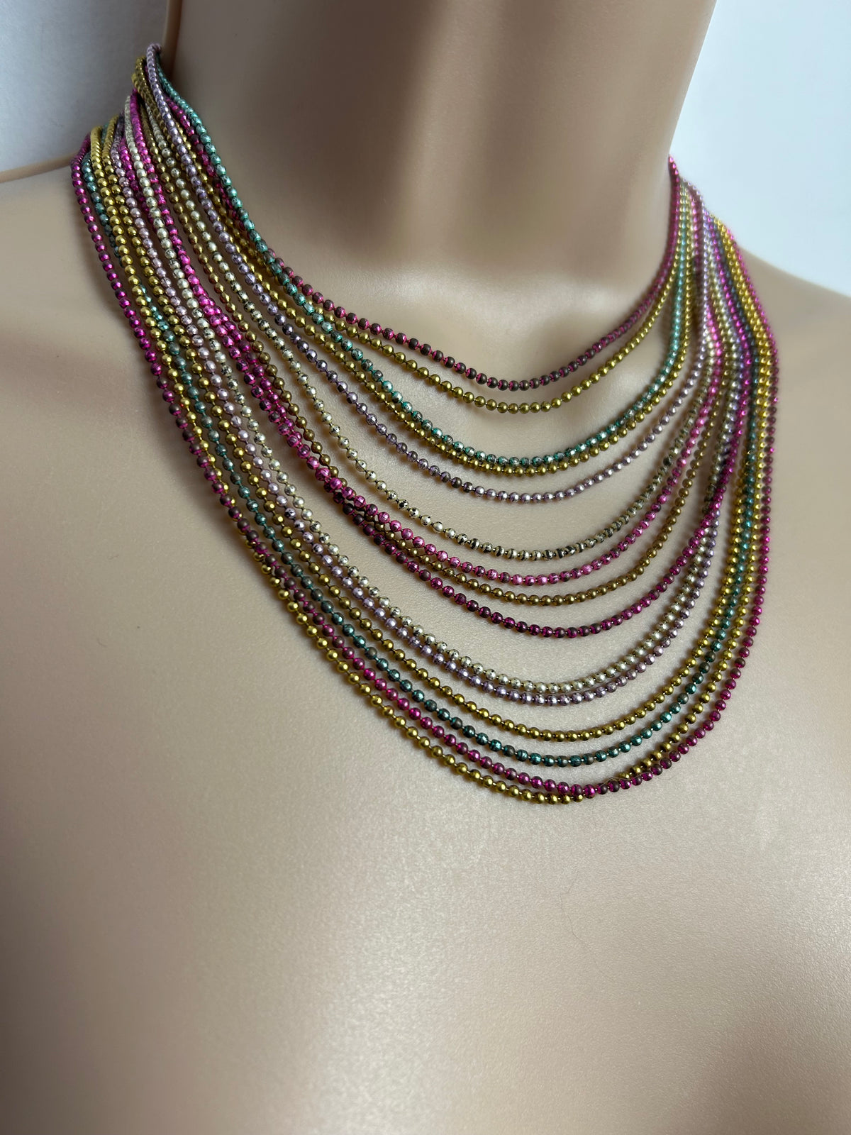 Vintage 1960s Gorgeous Multistrand Pink Blue Silver & Gold Microbead Necklace