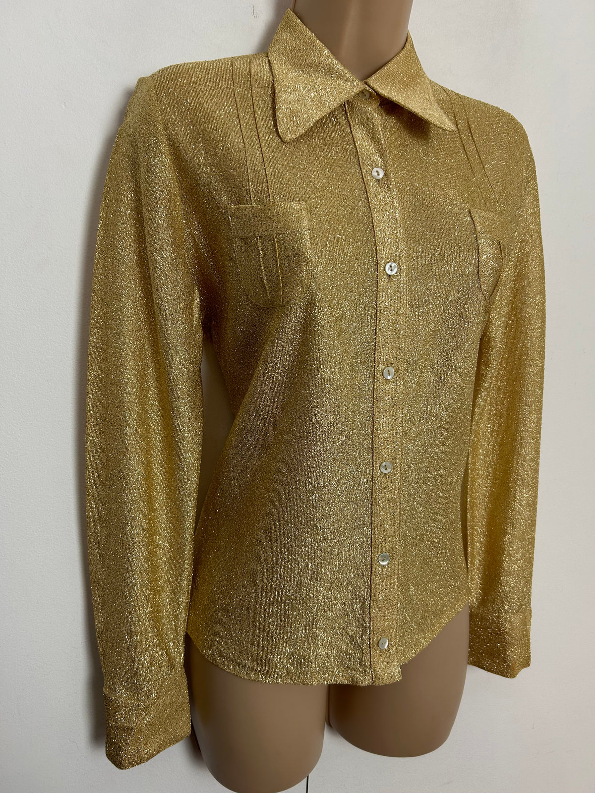 Vintage 1970s UK Size 10-12 Gold Lurex Pocket Detail Long Sleeve Party Shirt