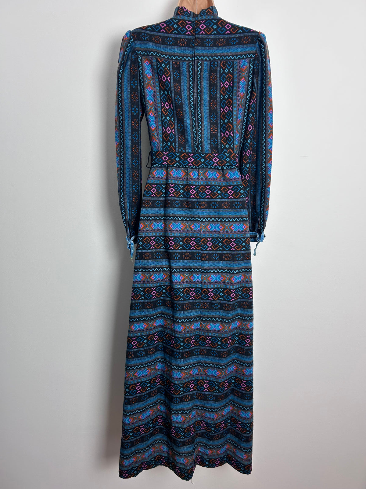 Vintage 1970s Size 8 Black Teal Rust & Pink Geo Print Velvet Ribbon Trim Belted Cotton Maxi Dress