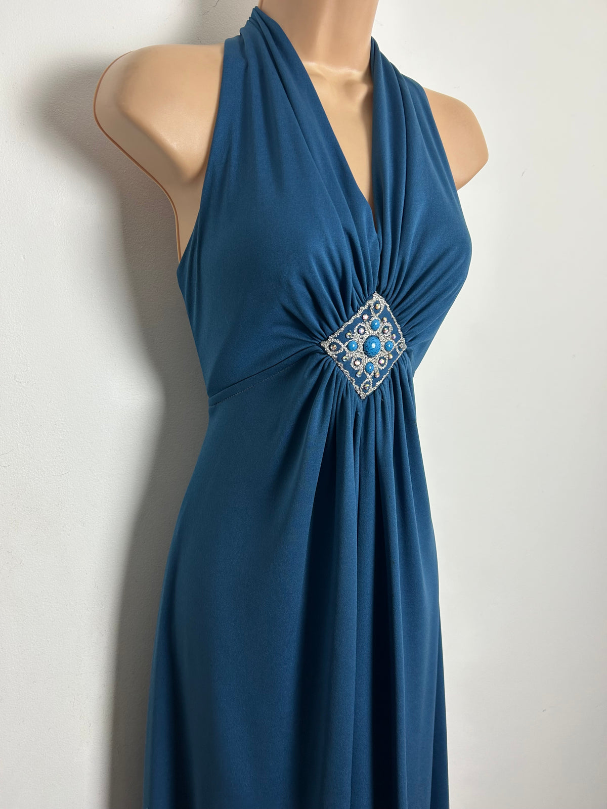 Vintage 1970s Size 8  Dusky Blue Braid Diamante & Bead Applique Detail Evening Maxi Dress