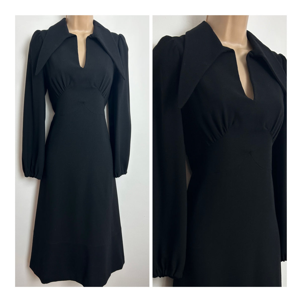 Vintage Late 1960s BANFF Size 8-10 Black Dagger Collar Long Sleeve Mod Dress