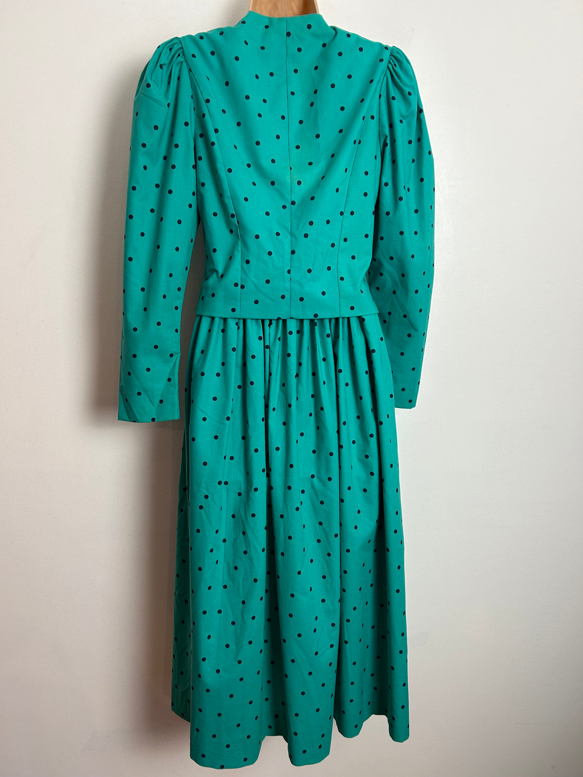 Vintage 80s LAURA ASHLEY UK Size 6-8 (Size 10 On Label) Green & Black Polka Dot Print Cotton Dress & Matching Bolero Jacket
