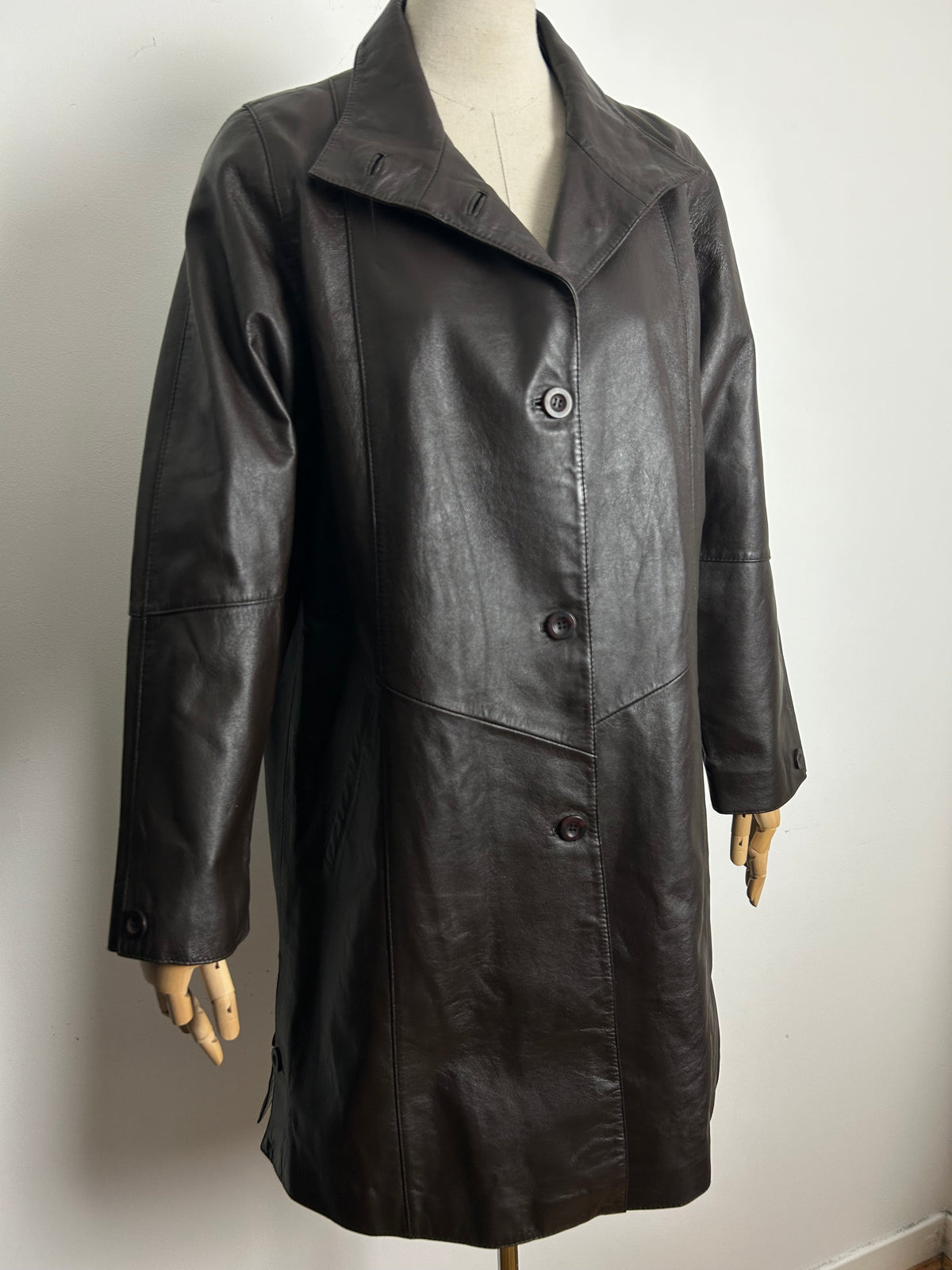 Vintage Late 1980s JULIA ROMA Size 12 Brown Leather Oversized Mid Length Coat