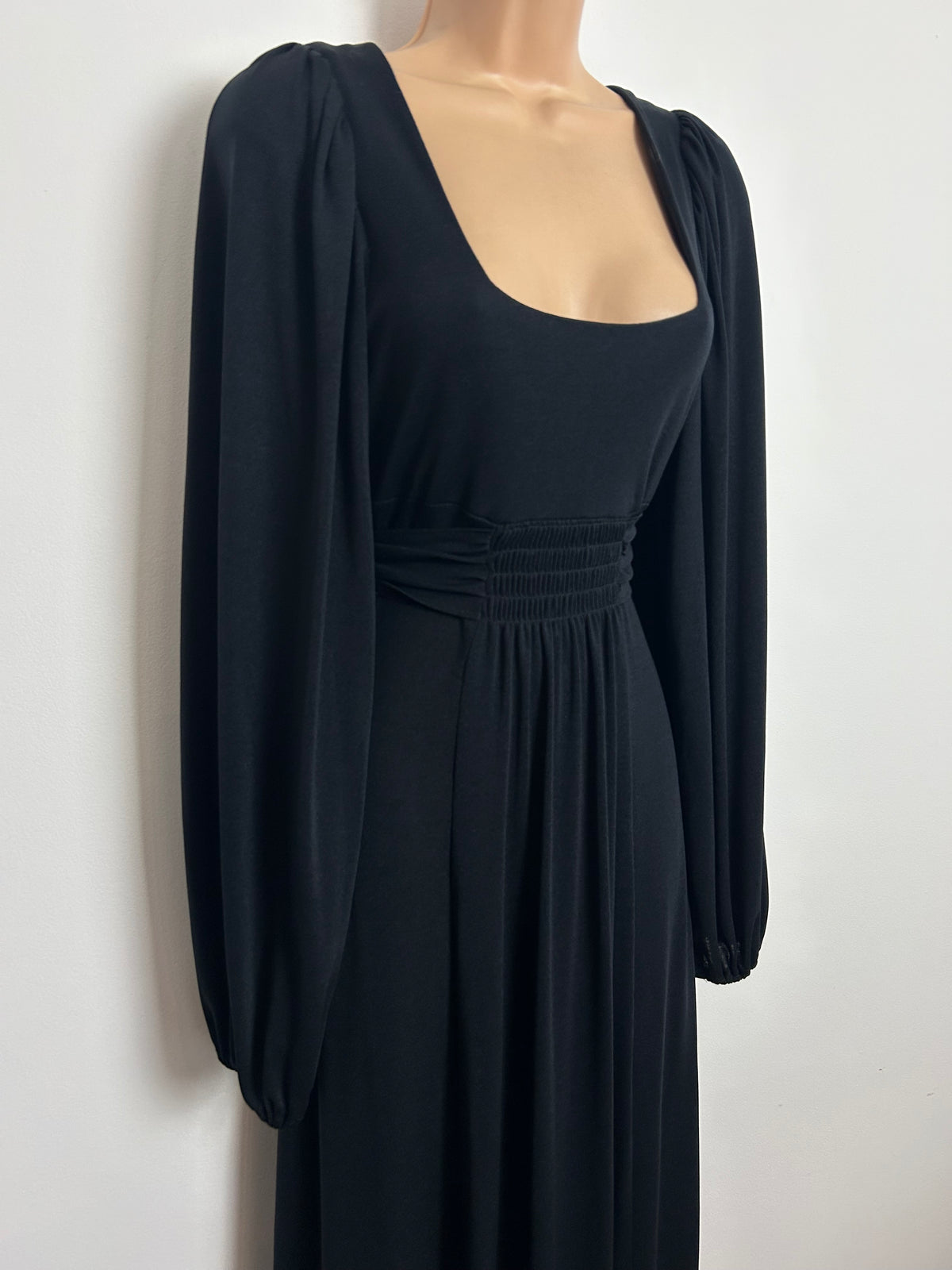 Vintage 1970s ZANIE Size 6 Black Long Sleeve Tie Back Empire Line Maxi Dress