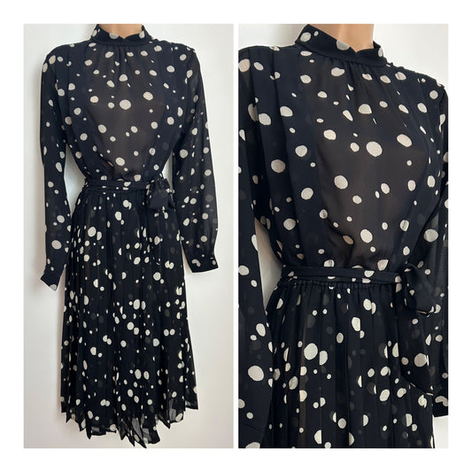 Vintage Early 1980s ST MICHAEL Size 12 Black & White Polka Dot Spot Print Belted Pleated Dress
