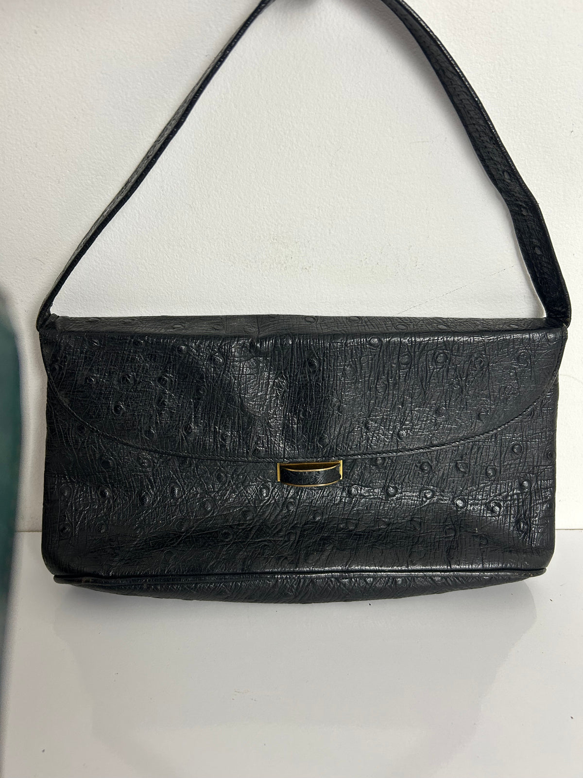 Vintage 1960s Black Ostrich Print Leather Small Handbag