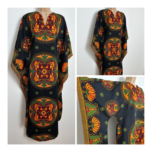 Vintage Size Up to Size 12 Black Orange Dark Red & Green Batik Print Very Long Pointed Sleeve Kaftan Dress