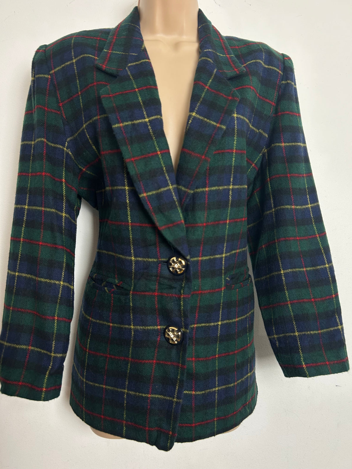Vintage 1980s Size 12-14 SUPREME Dark Green Tartan Check Wool Mix Blazer