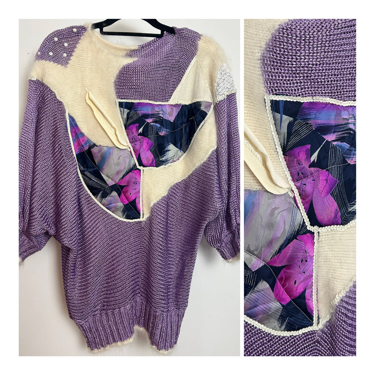 Vintage 1980s Size 12-14 Lilac & Cream Applique & Sequin Detail Slouchy Bat Wing Jumper