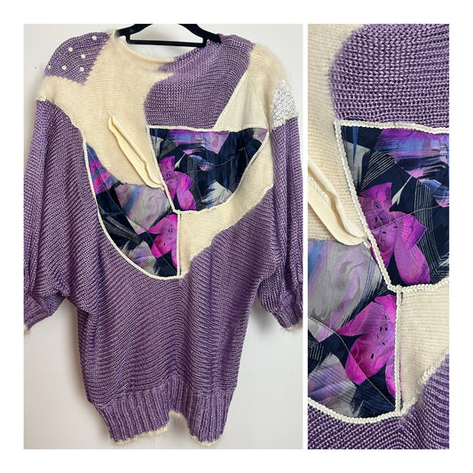 Vintage 1980s Size 12-14 Lilac & Cream Applique & Sequin Detail Slouchy Bat Wing Jumper