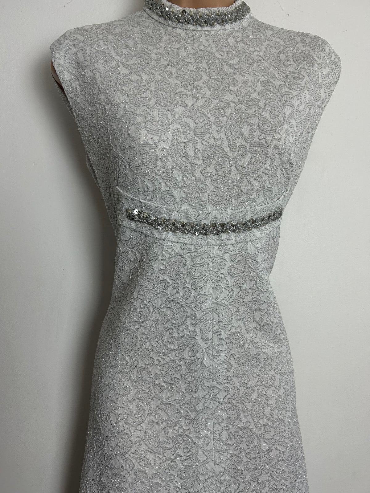 Vintage 1960s Size 12 White & Metallic Silver Braid Trim Crimplene Occasion Evening Maxi Dress
