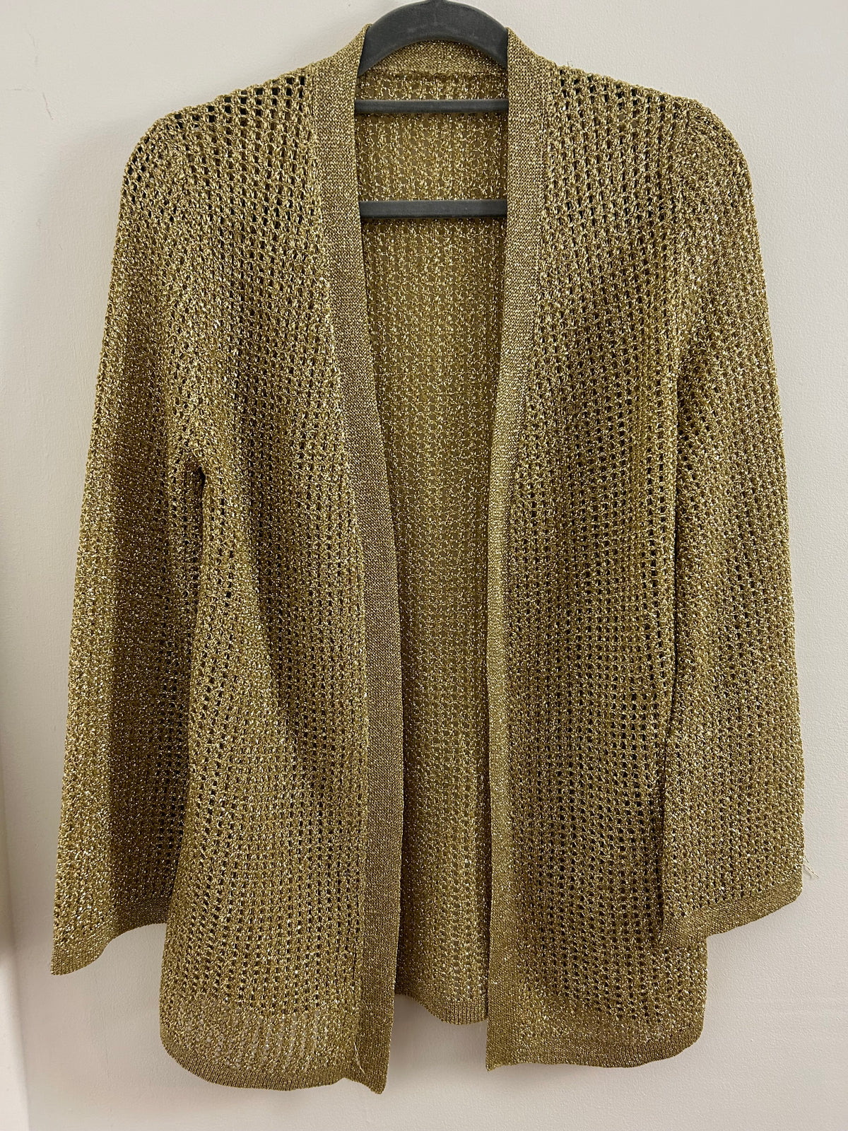 Vintage 1990s UK Size 10-12 Gold Lurex Knit Open Fronted Long Sleeve Cover Up Cardigan