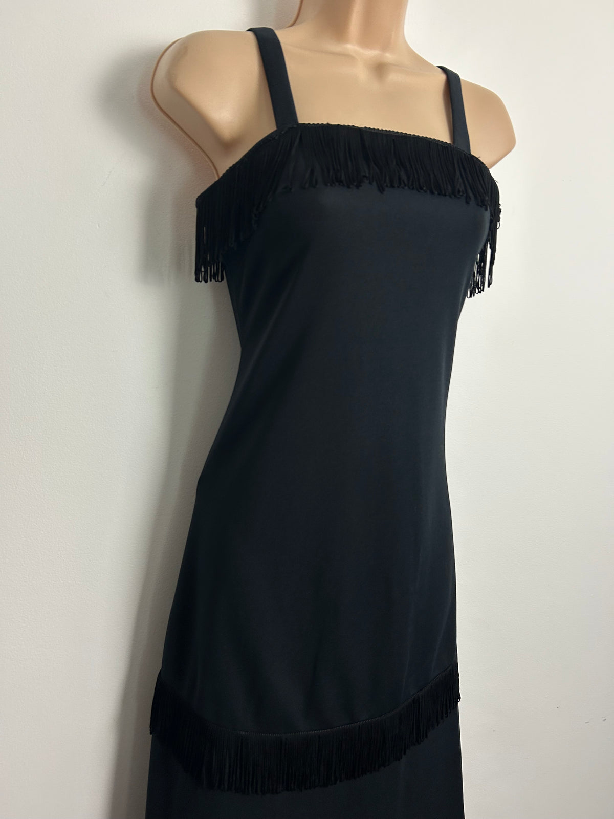 Vintage 1970s C&A Size 6 Black Fringing Detail Strappy Evening Maxi Dress