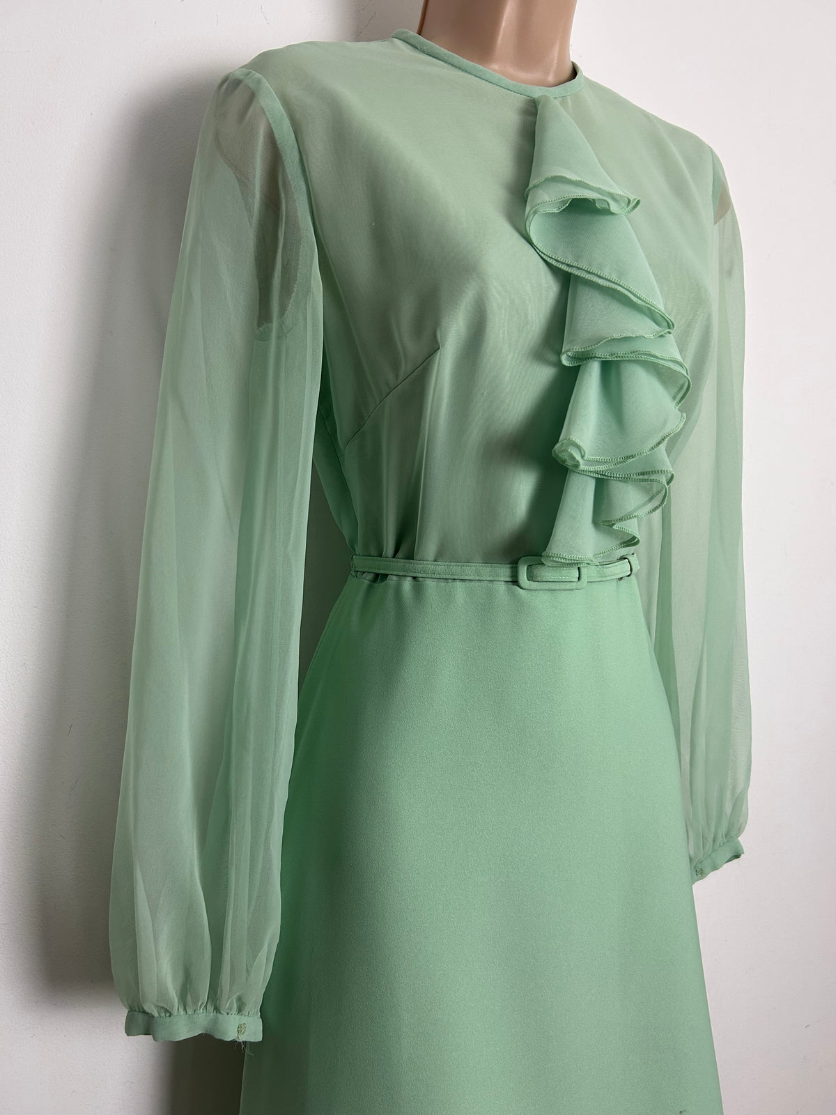 Vintage 1960s PEGGY FRENCH COUTURE Size 8 Pale Green Ruffle Trim Belted Mod Dress