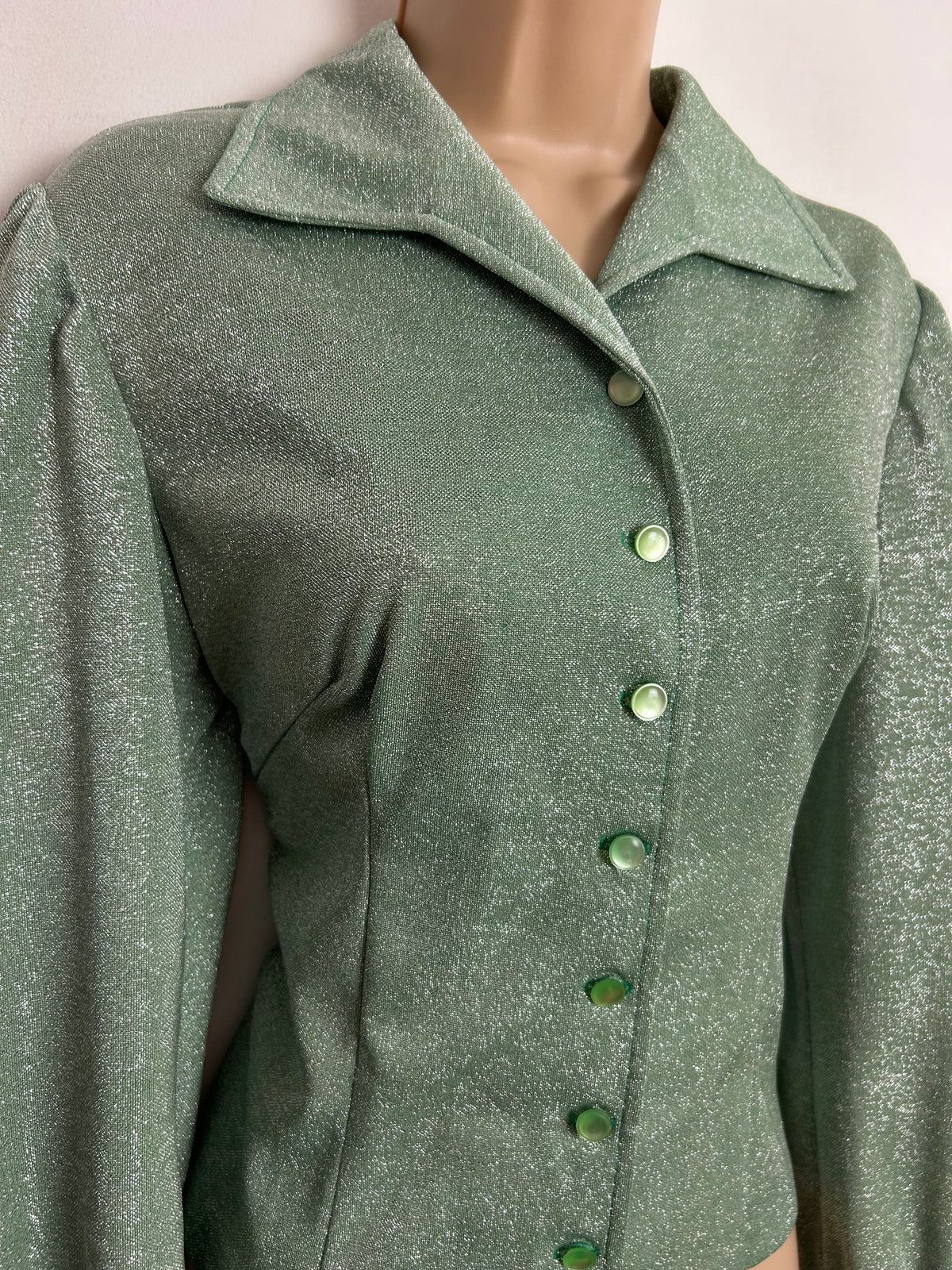 Vintage 1970s Size 10 Pale Green Glittery Lurex Wide Collared Long Sleeve Shirt/Blouse