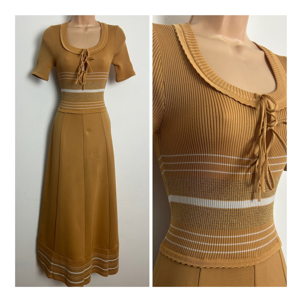 Vintage Early 1970s GINA SOPHISTICATES Up To Size 10 Sandy Beige Ribbed Stripe Pattern Maxi Dress