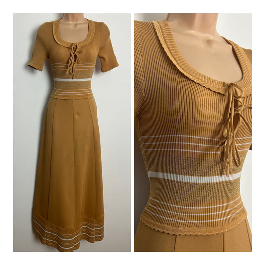 Vintage Early 1970s GINA SOPHISTICATES Up To Size 10 Sandy Beige Ribbed Stripe Pattern Maxi Dress