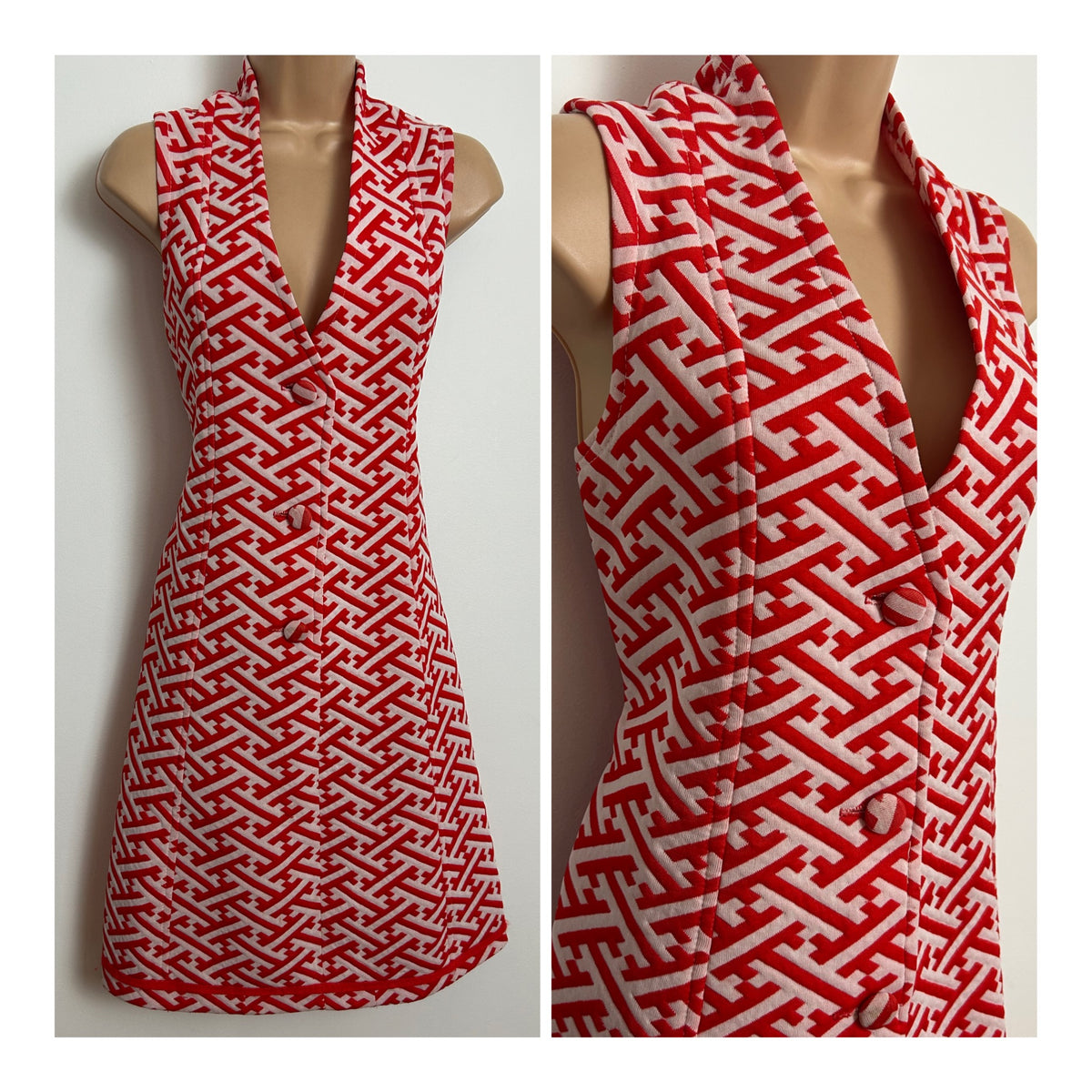 Vintage 1960s Size 12 Red & White Abstract Print Sleeveless Mod Shift Dress