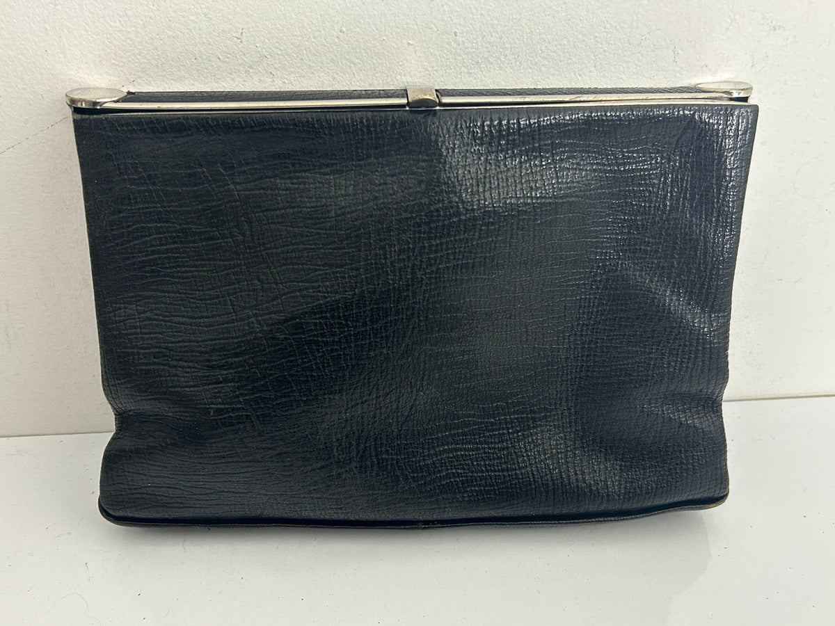 Vintage 1940s Black Leather Mock Reptile Framed Clutch Bag With Hand Strap