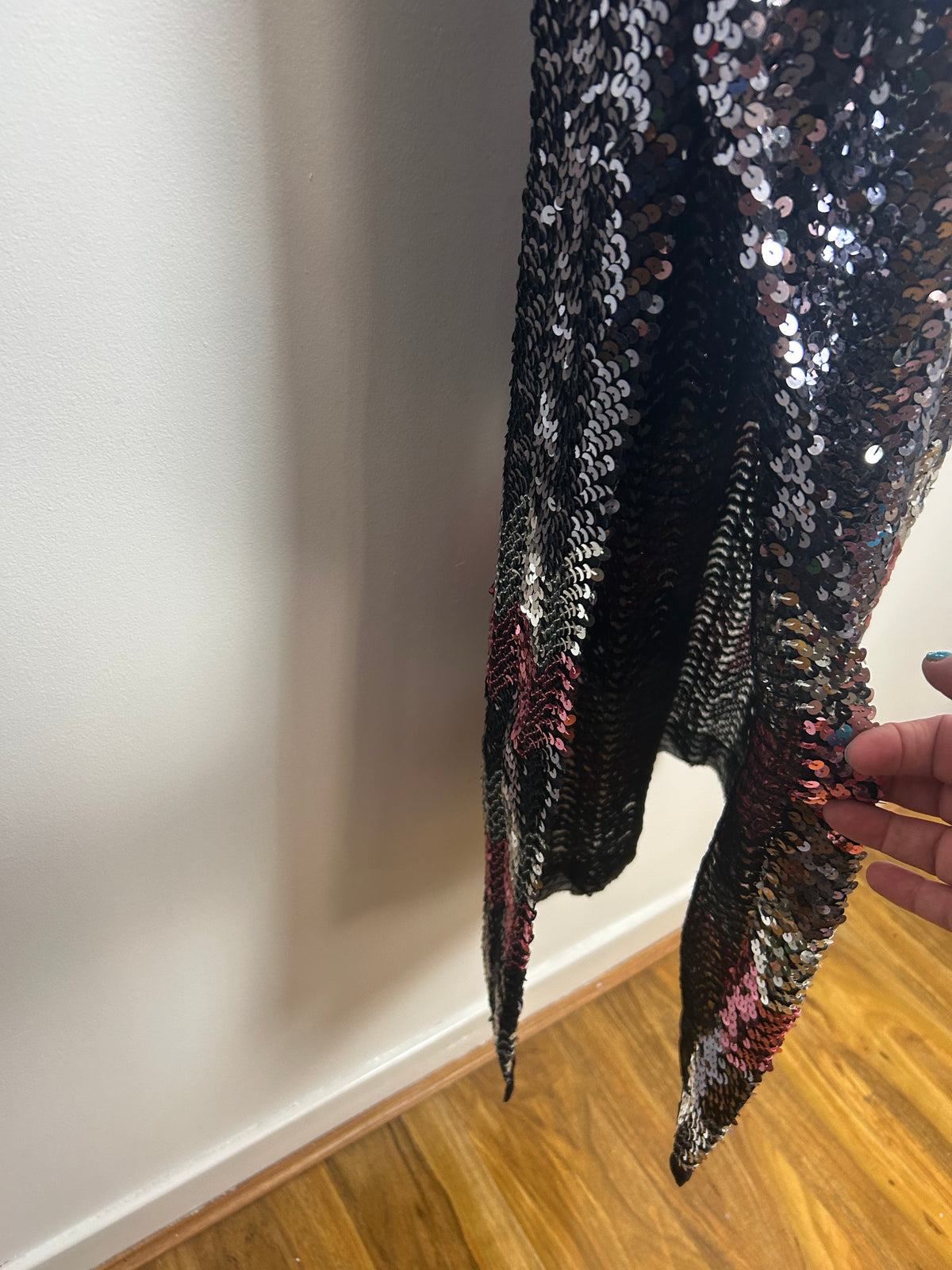 Vintage Late 1970s Up To Size 10 Black Silver Pink & Purple Sequin Strapless Evening Maxi Dress