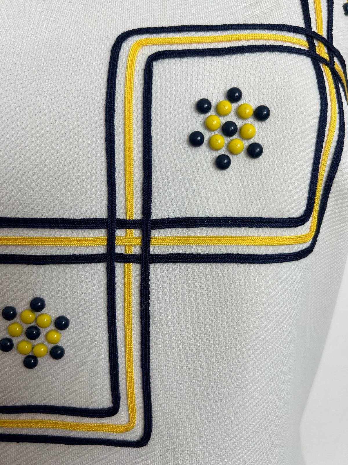 Vintage 1960s Size 8 White Navy Blue & Yellow Braid & Bead Embellishment Mini Mod Scooter Shift Dress