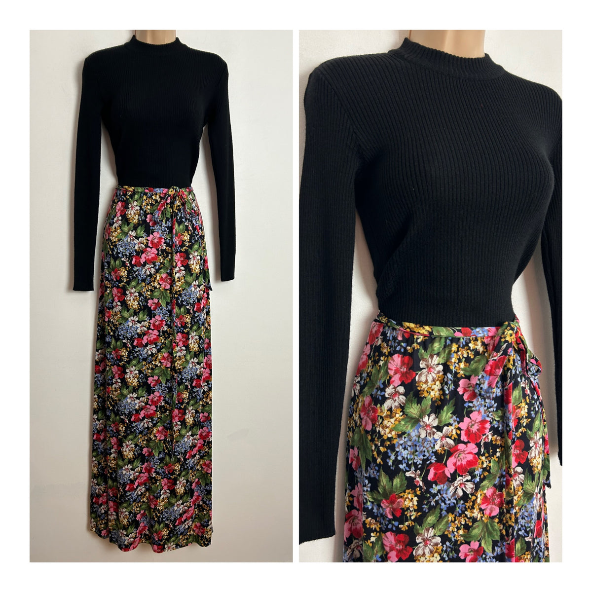 Vintage 1970s FURSTENBERG UK Size 8-10 Black Ribbed Bodice Long Sleeve Belted Floral Maxi Dress