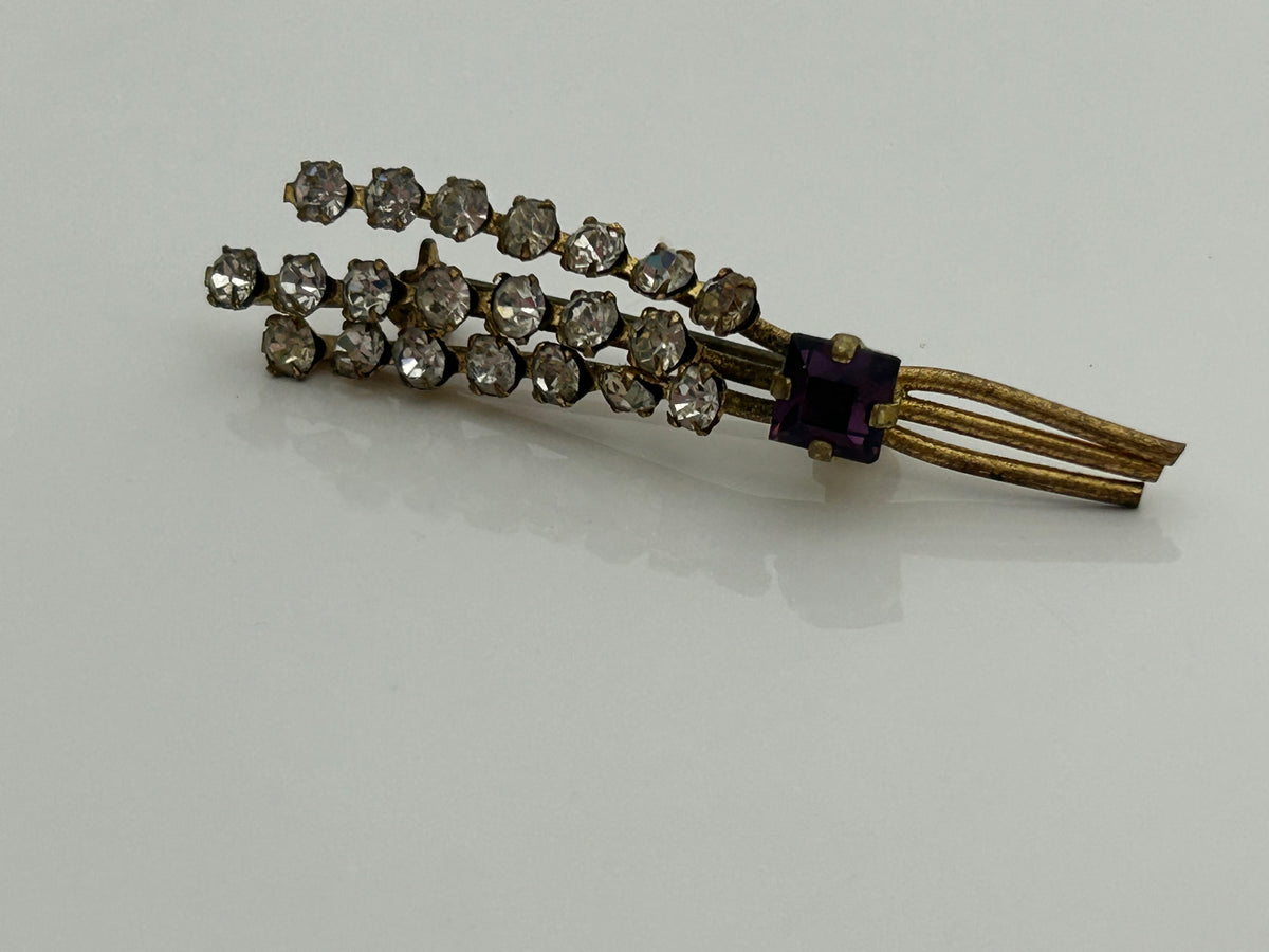 Vintage 1940s 1950s Gold Tone Base Metal Diamante & Purple Stone Set Foliage Pin Brooch