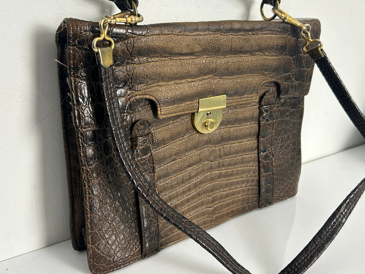 Vintage 1970s Large Brown Real Leather Mock Croc Handbag