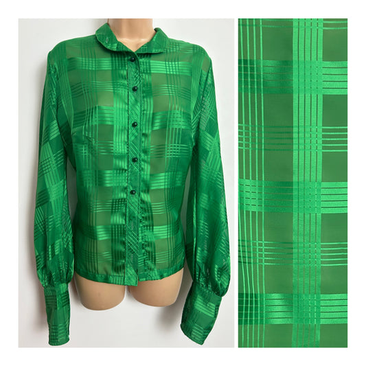 Vintage Early 1980s Size 14 Emerald Green Check Pattern Long Sleeve Shirt
