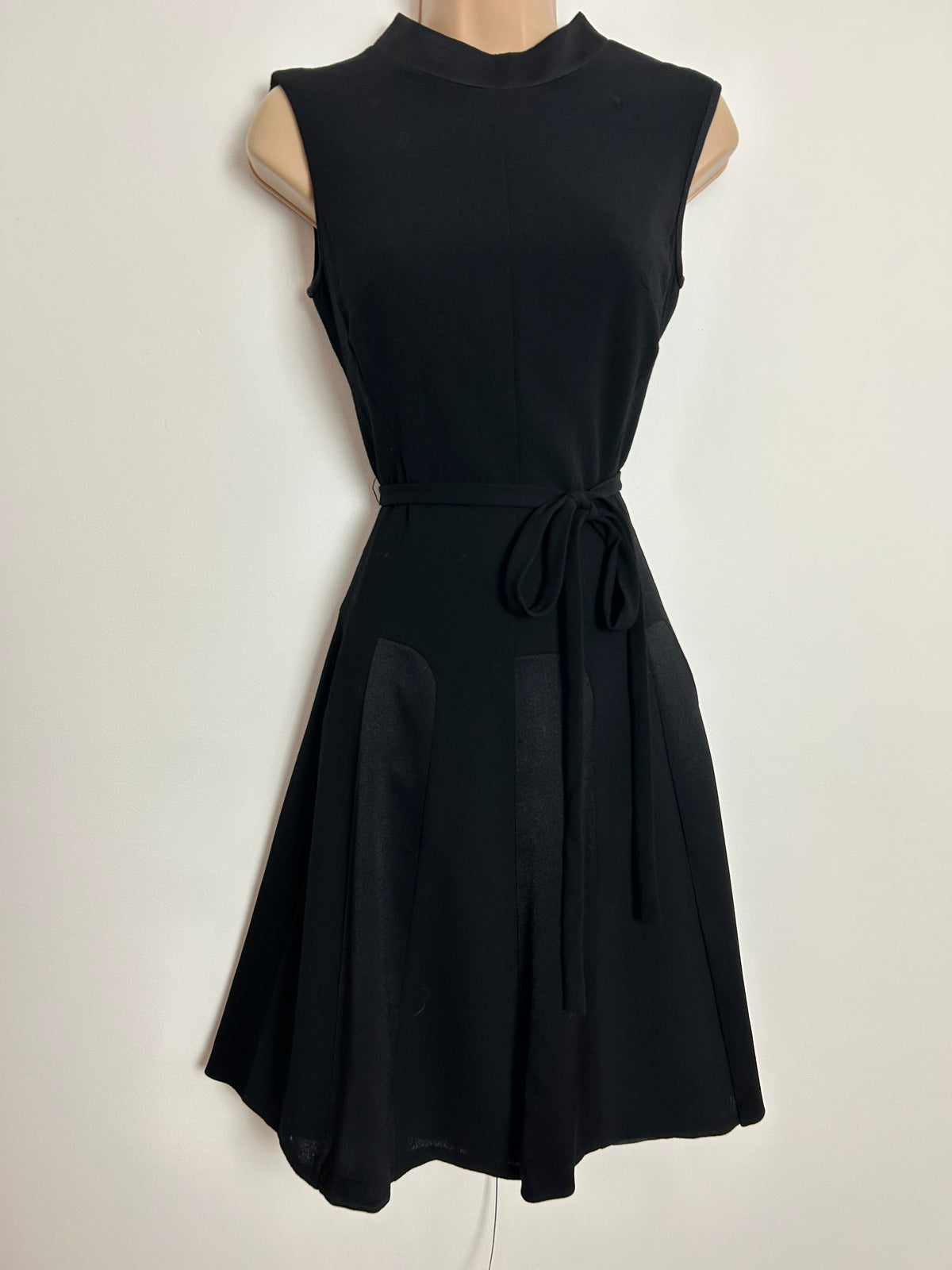 Vintage 1960s UK Size 8 Black Sleeveless Belted Fit & Flare Satin Panel Mod Dress
