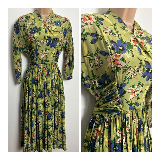 Vintage Late 1930s Size 10 Green & Blue Floral Print Silk Crepe Tie Back Waist Panels Tea Dress