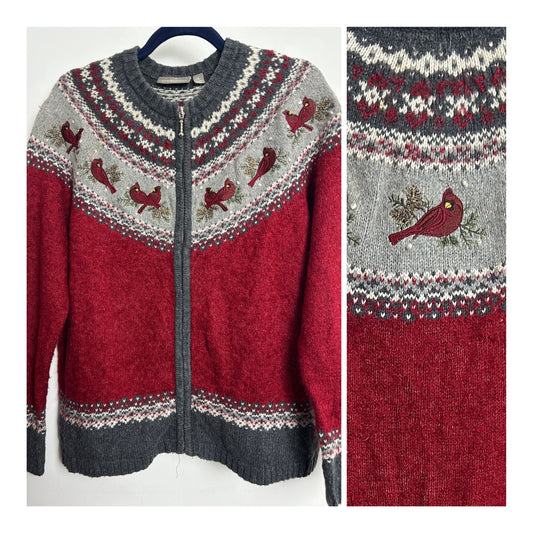 Vintage 1990s CROFT & BARROW Size 16-18 Red & Grey Cardinal Fair Isle Style Silk Mix Cardigan